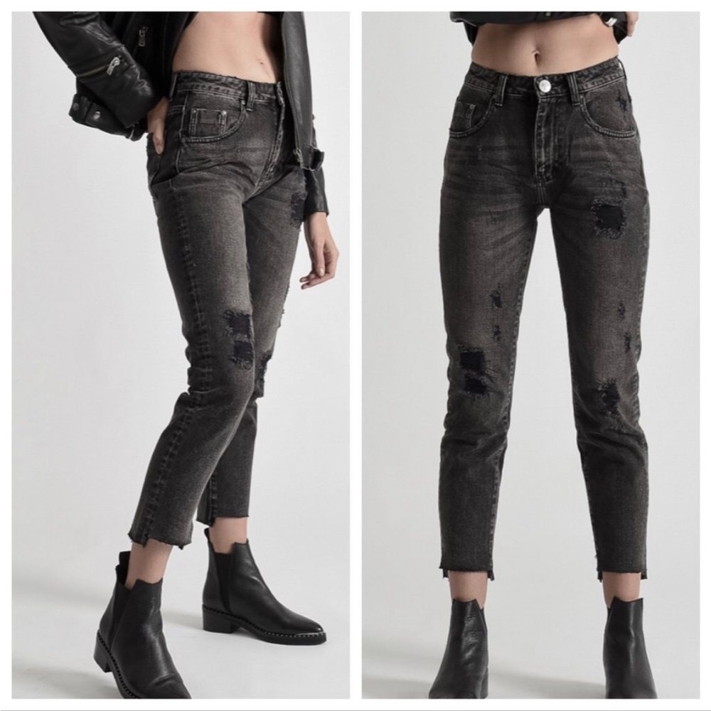 One Teaspoon Women's Distressed Black Gray Cropped Jeans